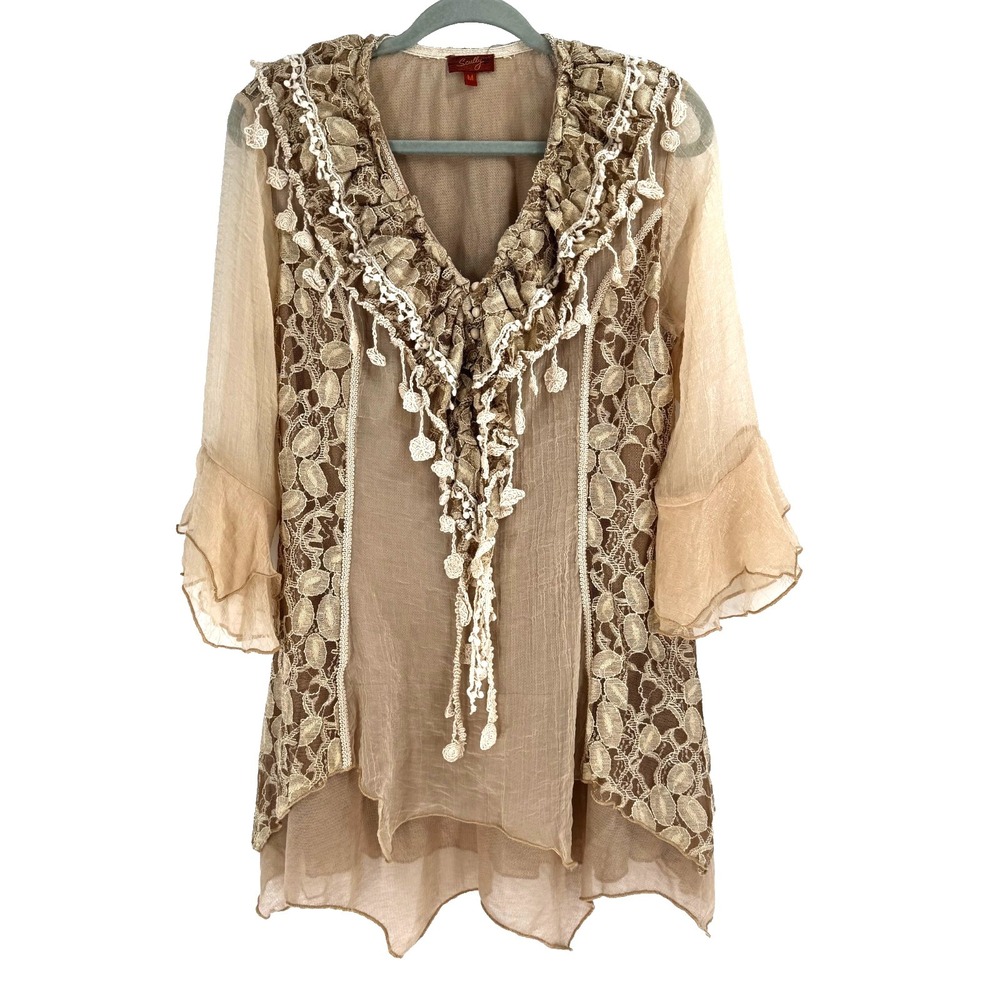 Scully Honey Creek Silk Blend Lace Tunic Top Medium Fairy Boho Whimsical Western